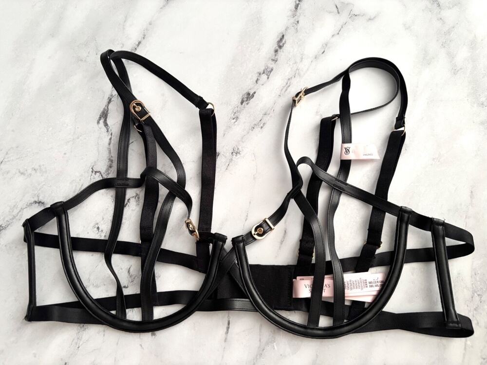 Victoria's Secret Nwt Very Sexy Faux Leather Black Open Strappy Bra S-DD S - DD